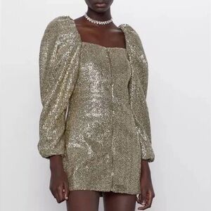 Zara Sequin Gold Long Sleeve Dress size XS